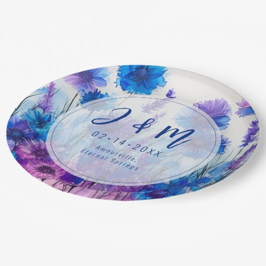 💍 Mit Initialen Cornblumen und Lavender Elegance Pappteller (Schrägansicht)