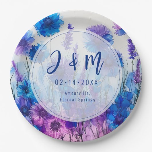 💍 Mit Initialen Cornblumen und Lavender Elegance Pappteller (Vorderseite)