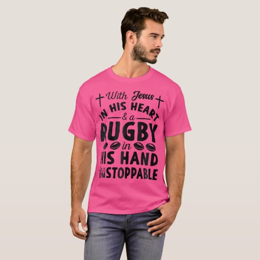 Mit Jesus im Herzen ist er unaufhaltsam Rugby-Spie T-Shirt (Vorne ganz)