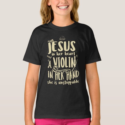 Mit Jesus in ihrem Herzen eine Geige in ihrer Hand T-Shirt (Vorderseite)