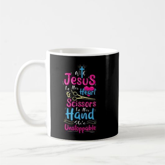 Mit Jesus in ihrem Herzen und Scheren in ihrer Han Kaffeetasse (Links)