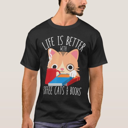 Mit Kaffee Katzen Und Büchern Bücherwurm T-Shirt (Vorderseite)