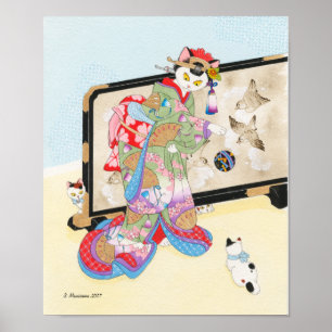 Mit Katzen spielen Ukiyos Print Moussart Poster