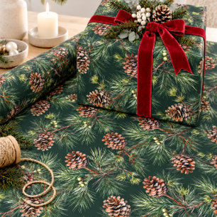Mit Kiefernzapfen beladene weiße Kiefernzweige Geschenkpapier