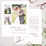 Mit Liebe & Dankbarkeit Foto Burgundy Pink Hochzei Dankeskarte<br><div class="desc">Vielen Dank für Ihre Gäste mit dieser eleganten, modernen 3-Foto Collage Hochzeit danke Ihnen Karte! Sauberes und schlichtes weißes, bordeauxfarbenes und staubrosafarbenes Design mit dem Satz "mit unserer Liebe und Dankbarkeit" in einer Mischung aus moderner Blocktypografie und moderner handgeschriebener Kalligraphie. Zurück mit dem Bereich für Ihre Nachricht und Namen. Einfache...</div>