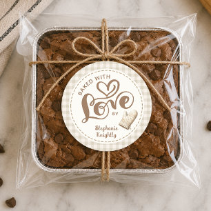 Mit Liebe Gebacken Neutral Gingham Personalisiert Runder Aufkleber
