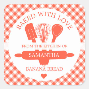 Mit Liebe gebackenes Bananenbrot Orange Gingham   Quadratischer Aufkleber
