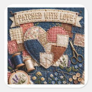 Mit Liebe Geflickt – Patchwork-Herz Vintage-Sticke Quadratischer Aufkleber