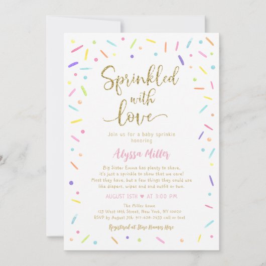 Mit Liebe gesprenkelt Rainbow Baby Sprinkle Einladung (Vorderseite)