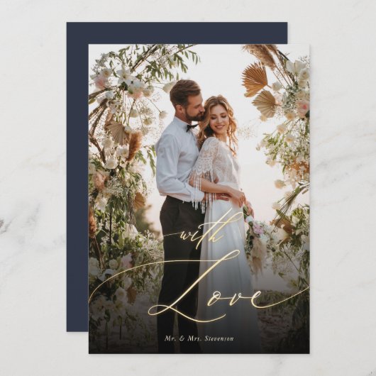 Mit Liebe Gold Script Wedding Foto Dankeskarte (Vorne/Hinten)