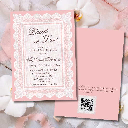 Mit Liebe in Rosa Spitze QR Code Brautparty Einladung