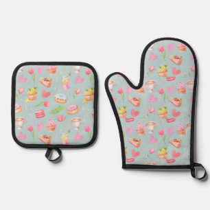 Mit Liebe kochen. Bedruckte Schürze Ofenhandschuh & Topflappen-Set