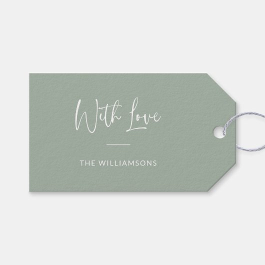 Mit Liebe Minimal Script Personalisiert Dusty Sage Geschenkanhänger (Vorderseite (Horizontal))