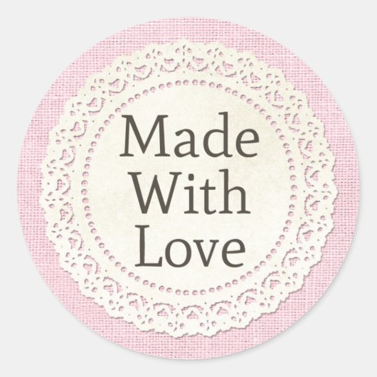 Mit Liebe Rustikale Landspitze Doily auf Burlap Runder Aufkleber (Vorderseite)