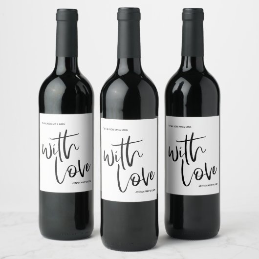 Mit Liebe Schwarz-Weiß-Script-Hochzeitsmarken Weinetikett (Flaschen)
