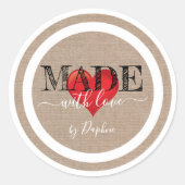 Mit Liebe Script rotes Herz auf Leinentextur herge Runder Aufkleber (Vorderseite)