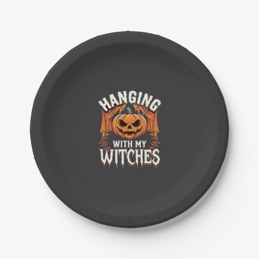 Mit meinen Hexen hängend Halloween-Kürbis Pappteller (Vorderseite)