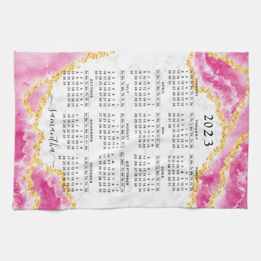 Mit Monogramm 2023 Kalender Girly Elegant Rosa Wei Geschirrtuch (Horizontal)