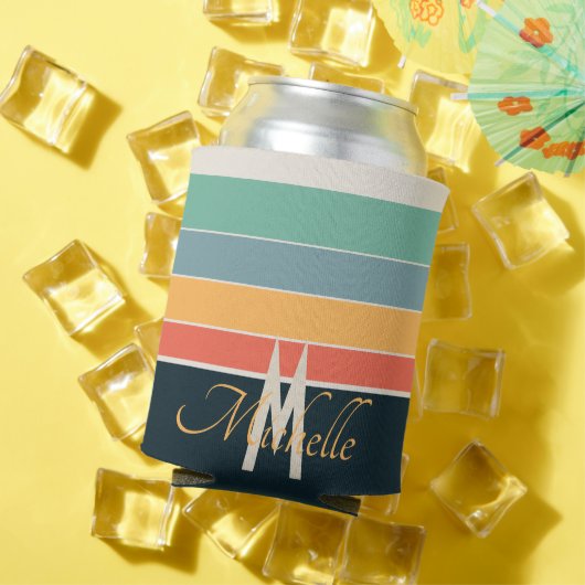 mit Monogramm 70er Retro Stripes Navy und Rosa Dosenkühler (In Situ Sommer)