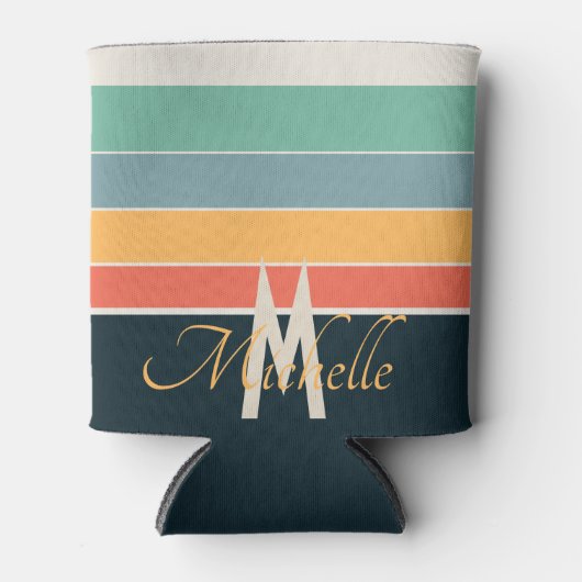 mit Monogramm 70er Retro Stripes Navy und Rosa Dosenkühler (Vorderseite)