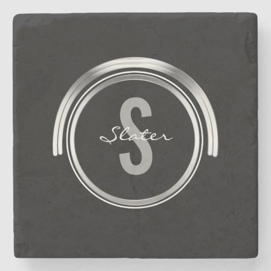 Mit Monogramm Anfangseinfaches schwarzes Silber Steinuntersetzer (Vorderseite)