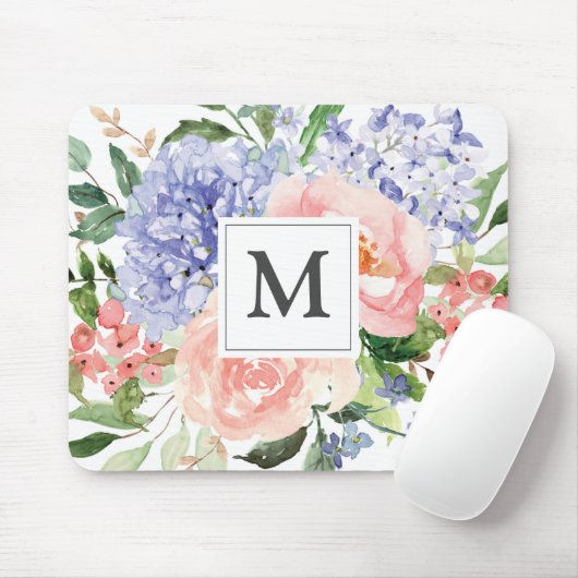 Mit Monogramm Anfangsfarbe Blau Rosa Blütenblume Mousepad (Mit Mouse)