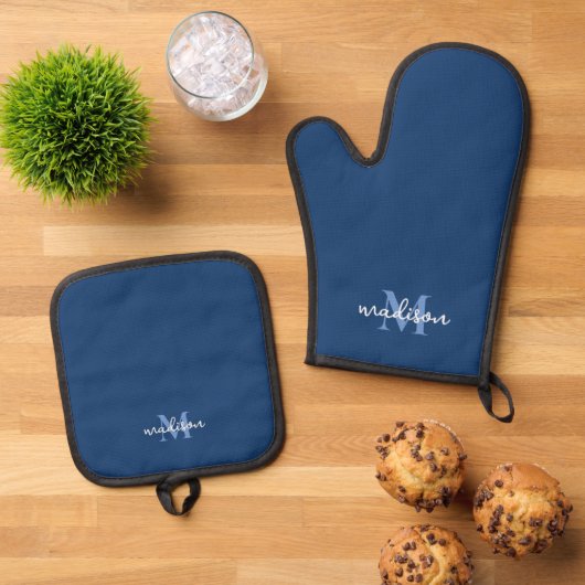 Mit Monogramm Anfangsname Navy Blue Ofenhandschuh & Topflappen-Set (Oben Unten)