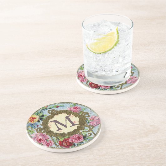 Mit Monogramm antike französische Blüte Getränkeuntersetzer (Seite)