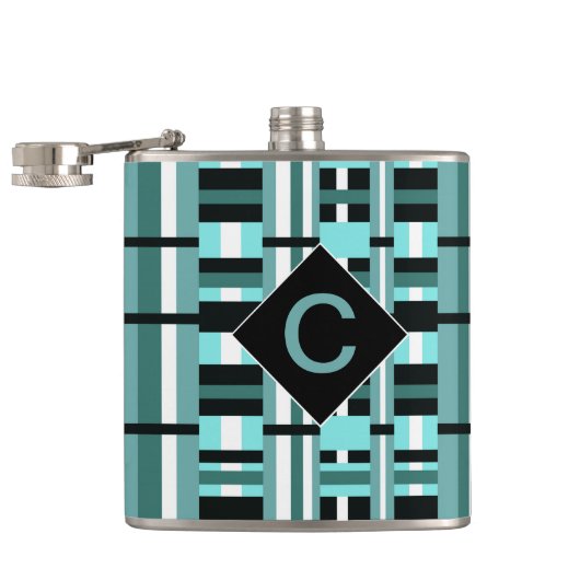 Mit Monogramm Aqua & Black Kariert Flachmann (Geöffnet)