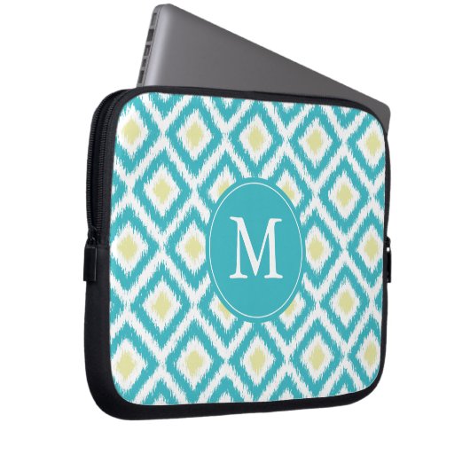 Mit Monogramm Aqua Lemon Diamond Ikat Muster Laptopschutzhülle (Vorne Rechts)