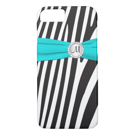 Mit Monogramm Aqua, schwarz, weißes Zebra gestreif Case-Mate iPhone Hülle (Rückseite)