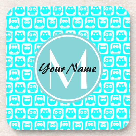 Mit Monogramm Aqua Turquoise Owls Untersetzer (Vorderseite)