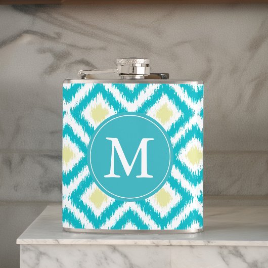 Mit Monogramm Aqua- und Yellow-Ikat-Muster Flachmann