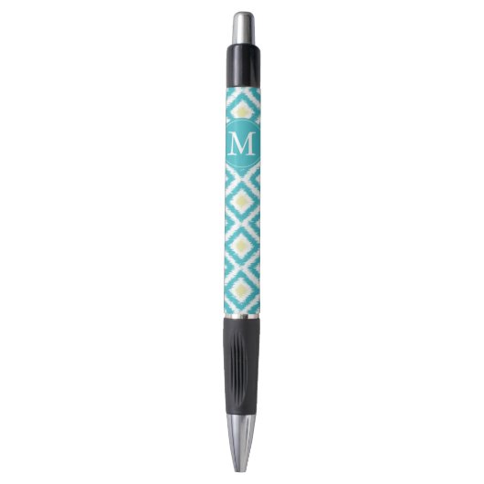 Mit Monogramm Aqua- und Yellow-Ikat-Muster Kugelschreiber (Vorderseite Vertikal)