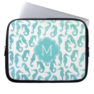 Mit Monogramm Aqua Watercolor Seepferd Muster Laptopschutzhülle