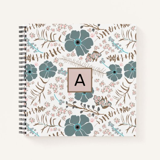 Mit Monogramm Aquamarin-Graurosa Mix Blumenmuster Notizblock (Vorderseite)