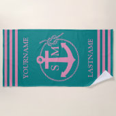 Mit Monogramm Aquamarin rosa Anker Strandtuch (Vorderseite)