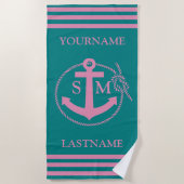 Mit Monogramm Aquamarin rosa Anker Strandtuch (Vorderseite)