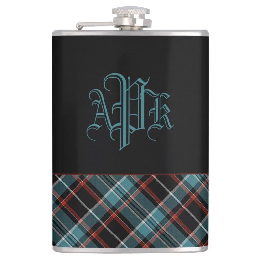 Mit Monogramm Aquamarin, schwarz und rot Kariert Flachmann (Vorderseite)