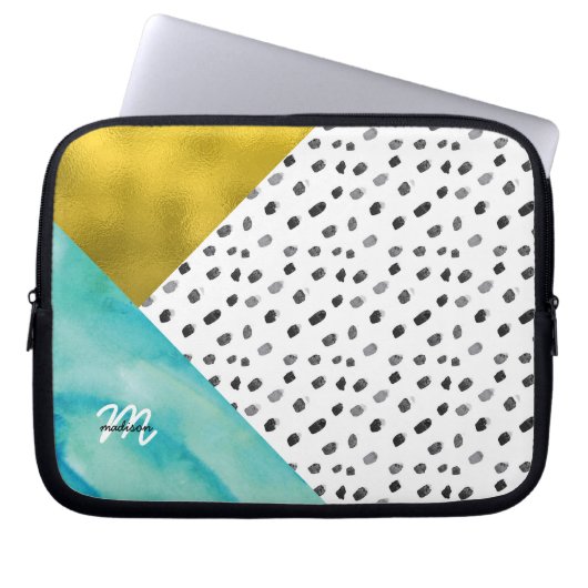 Mit Monogramm aquamarin- und Gold-Mixed-Medien Laptopschutzhülle (Vorderseite)