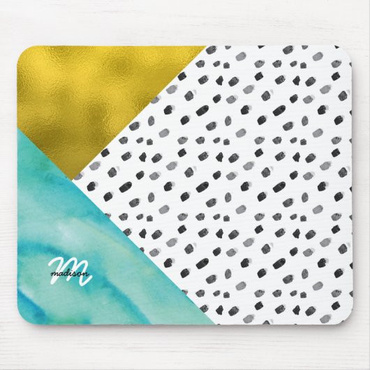Mit Monogramm aquamarin- und Gold-Mixed-Medien Mousepad (Vorne)