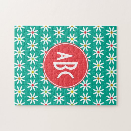 Mit Monogramm Aquamarine Daisy Dots Puzzle (Horizontal)