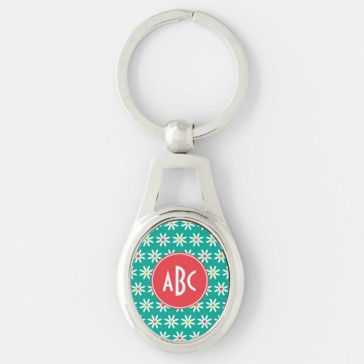 Mit Monogramm Aquamarine Daisy Dots Schlüsselanhänger (Vorderseite)
