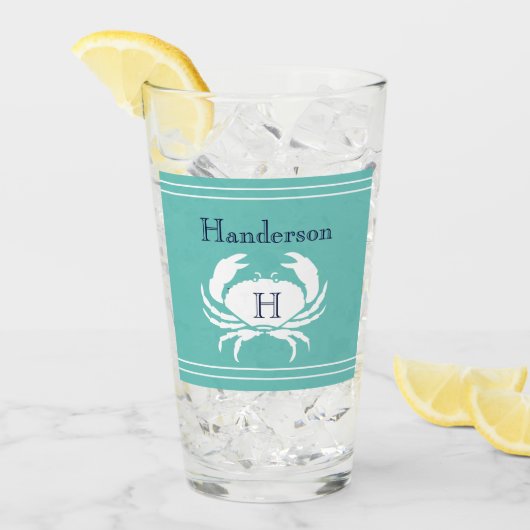 Mit Monogramm Aquamarine Navy Blue White Crab Glas (Vorderseite Ice)