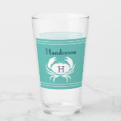 Mit Monogramm Aquamarine Navy Blue White Crab Glas (Vorderseite)