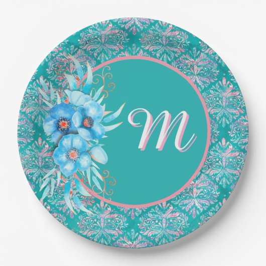 Mit Monogramm Aquamarine Papierplatte Pappteller (Vorderseite)