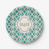 Mit Monogramm Aquamarine und goldene marokkanische Pappteller (Vorderseite)