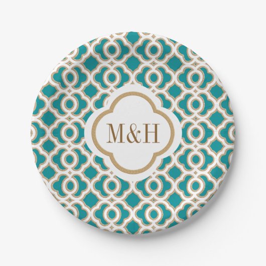 Mit Monogramm Aquamarine und goldene marokkanische Pappteller (Vorderseite)