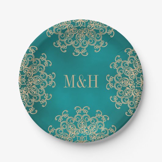 Mit Monogramm aquamarine und Goldindische Pappteller (Vorderseite)