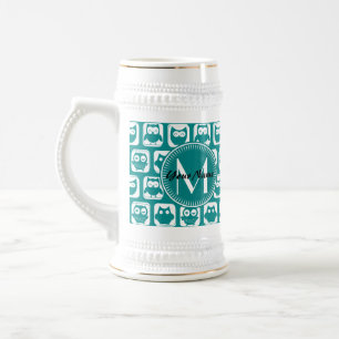 Mit Monogramm Aquamarine und weiße Owlen Bierglas